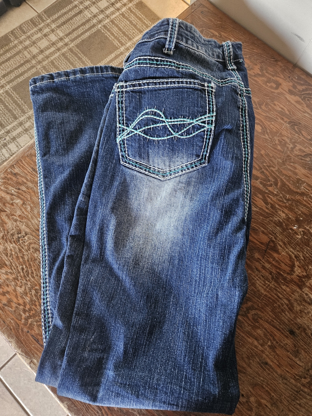 Cowgirl Tuff Blue Denim Jeans with Teal Stitching